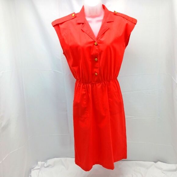 Vintage Alicia Coral Red Sleeveless Midi  Dress 2 Pockets Womans Size 12 Tall - Picture 1 of 9